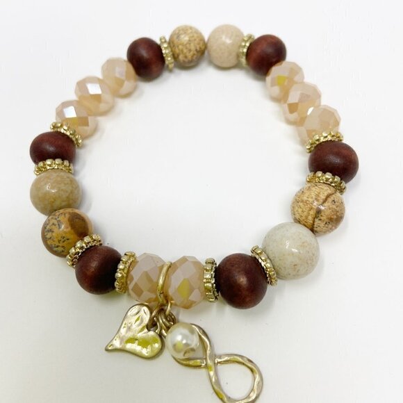Brown Cream Beaded Stretch Bracelet w/Infinity, Heart and Pearl Charms - Picture 4 of 4